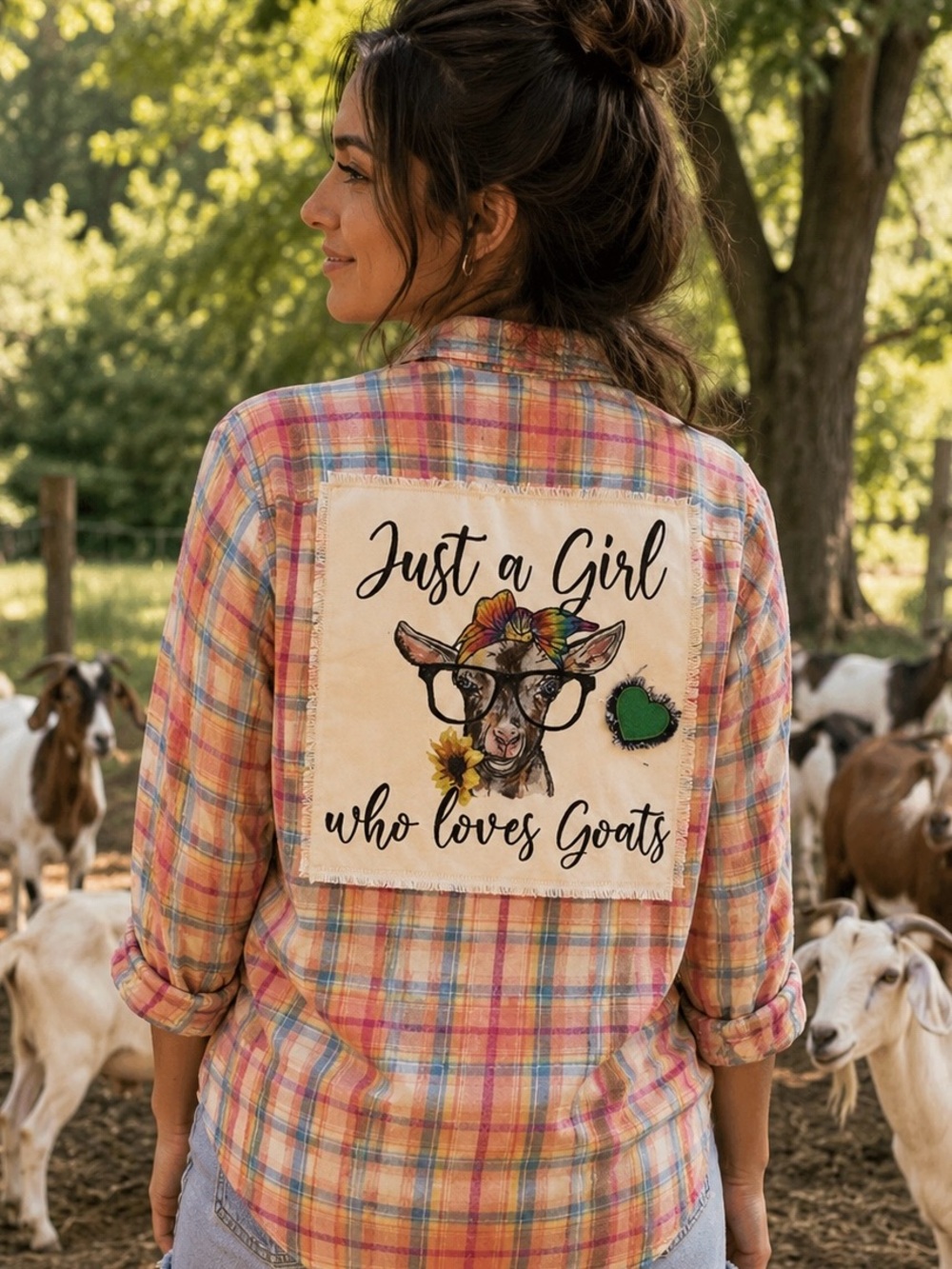 Upcycled Goat Flannel Shirt. Just a Girl Who Lives Goats, Handcrafted. Small.